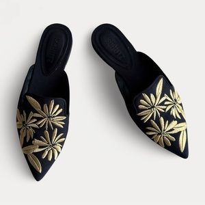 SCHUTZ Riana Gold Embroidered Floral Black Nubuck Flat Mules (US 6)